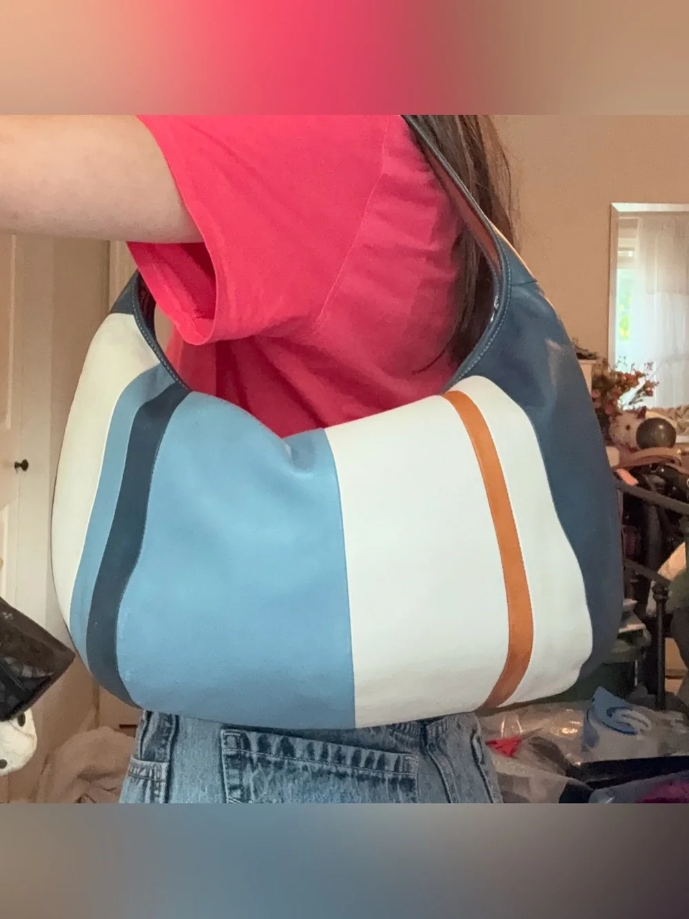 Vintage Coach Rare Ergo Y2K Blue Striped Leather Large Hobo Bag 9298 *Flaws* GUC